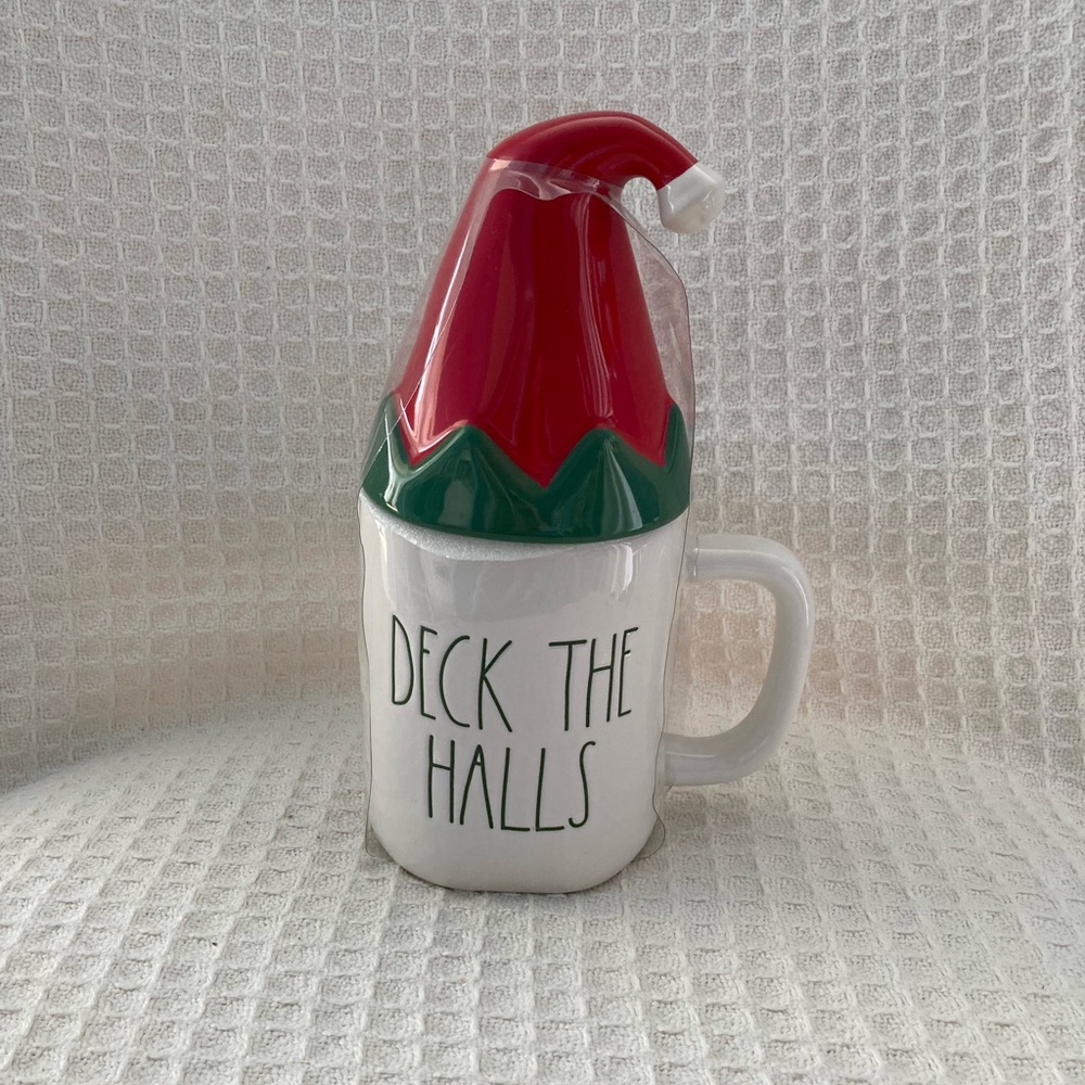 Rae Dunn Festive Deck The Halls Mug With Elf Hat Lid New Without Tags